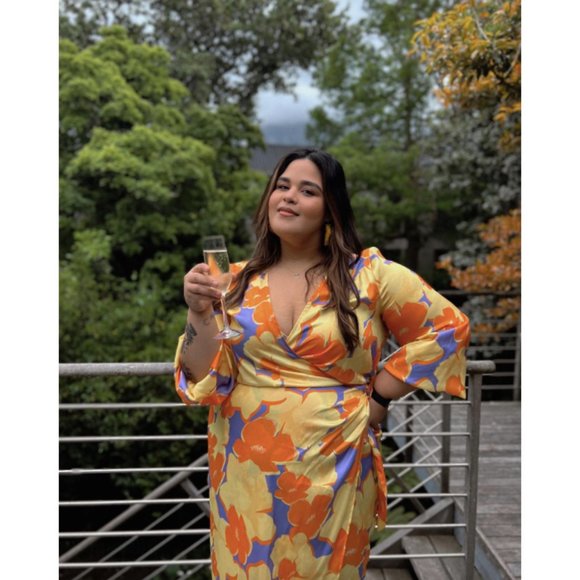 ASOS Dresses & Skirts - ASOS Curve orange yellow periwinkle floral satin wrap long sleeve midi dress